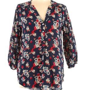 Amour Vert Silk Floral Tunic Top  Navy Blue floral print, black Size: L